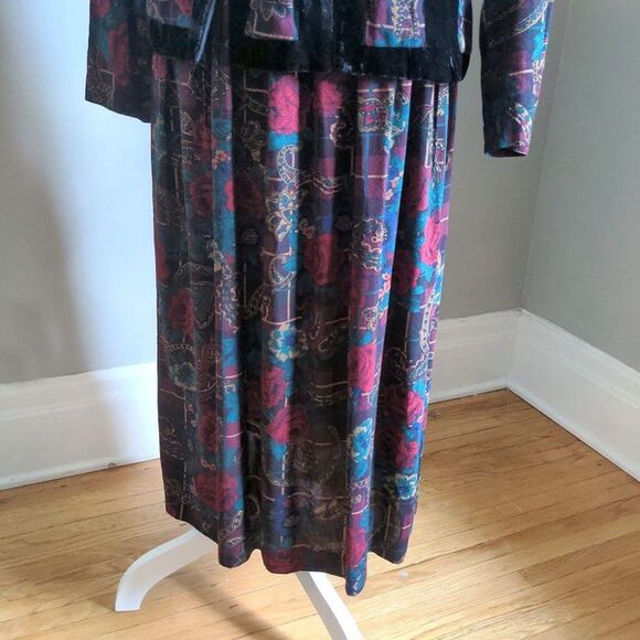 Vintage 90s Melissa Harper MHM Midi Dress Rose Paisley Velvet Peplum Size 8 - Picture 7 of 9
